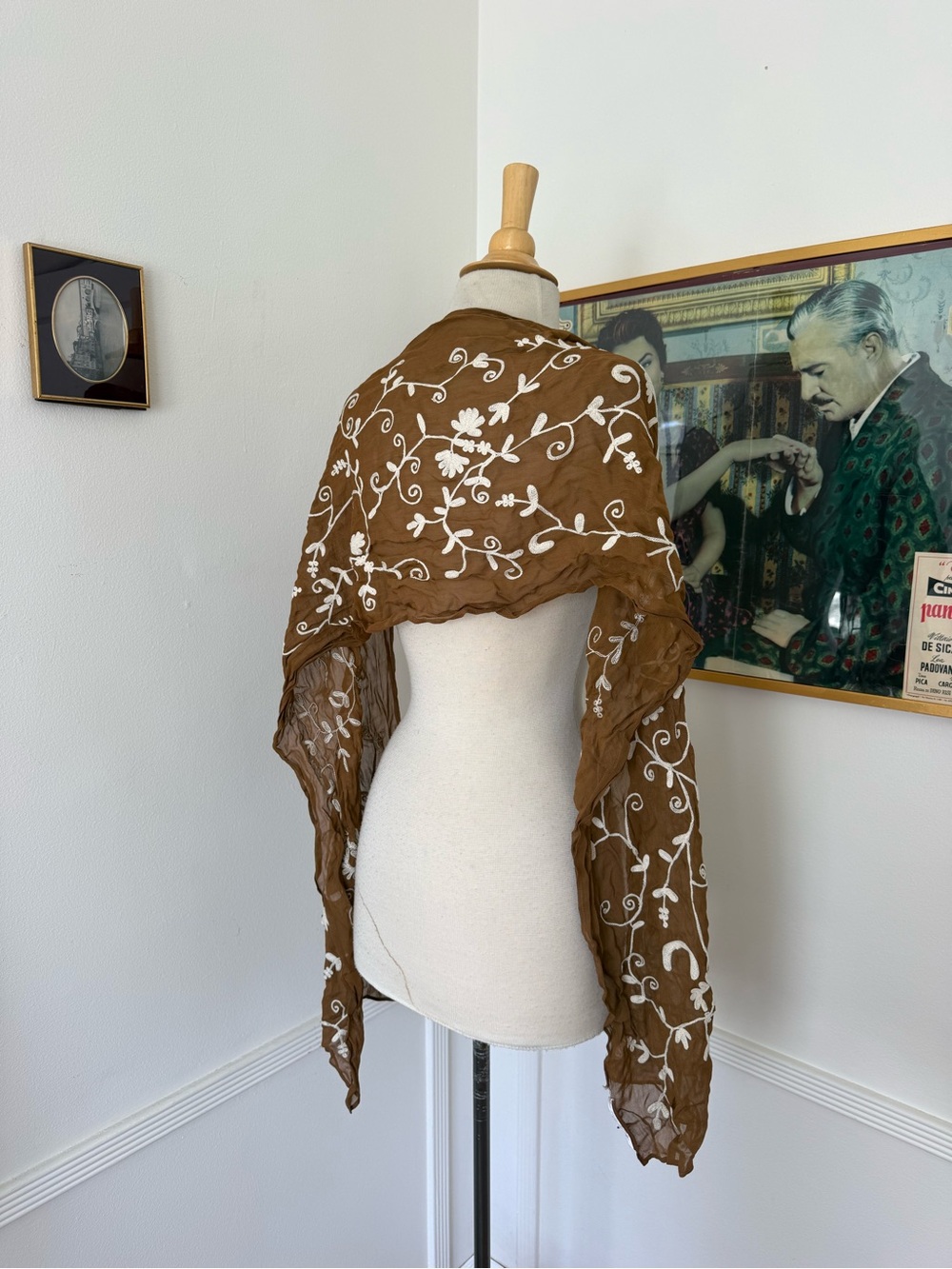 Embroidered Brown Floral Scarf Wrap